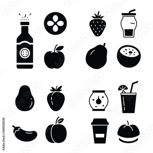 Collection of black silhouette icons representing various healthy foods and drinks including fruits vegetables and beverages