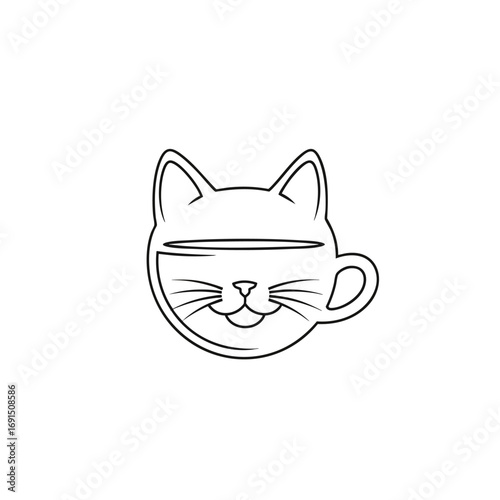 Minimalist line art logo of a smiling cats face combined with a coffee cup.