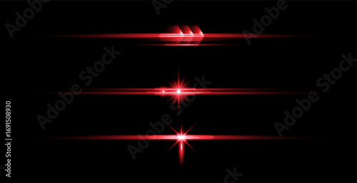 Red light effect reflections, neon illumination in red colors. Bright light lens. Police light effects, lines. Shiny stars, glowing sparks on a black background.