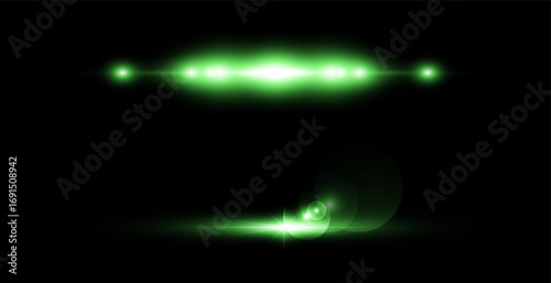Light green effect reflections, neon illumination in white colors. Bright light lens. Police light effects, lines. Shiny stars, glowing sparks on a black background.