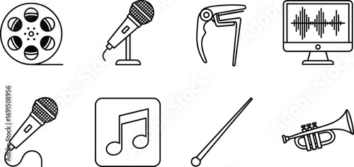 Music icons set, audio symbols, entertainment tools, microphone, film reel, sound editing, conductor baton, trumpet, music app, studio gear