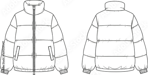 Puffer jacket, technical sketch, fashion design, garment illustration, quilted coat, winter wear, outerwear concept, front view, back view, zipper detail