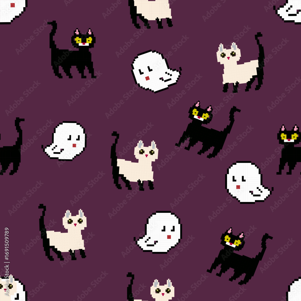 Obraz premium Ghost and Black Cat Halloween Pattern