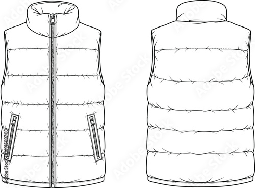 Padded vest, sleeveless jacket, quilted outerwear, fashion illustration, technical sketch, zipper front, high collar, garment design, apparel template, winter wear