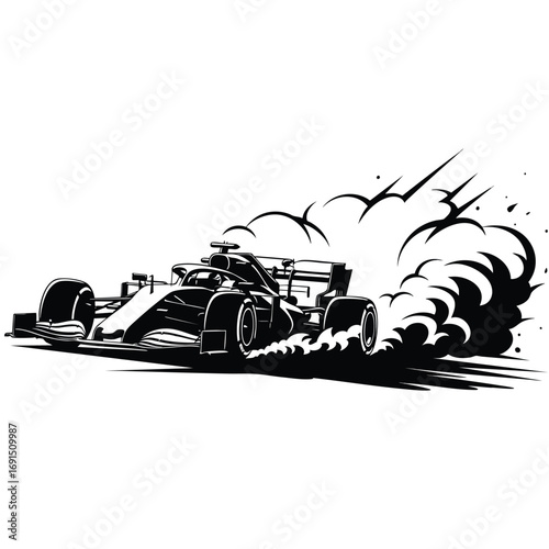 Stylized black and white illustration of a modern Formula 1 race car at high speed with a smoke trail.