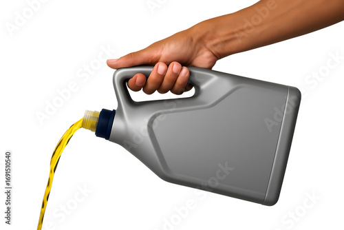 Pouring engine oil from container for car maintenance service