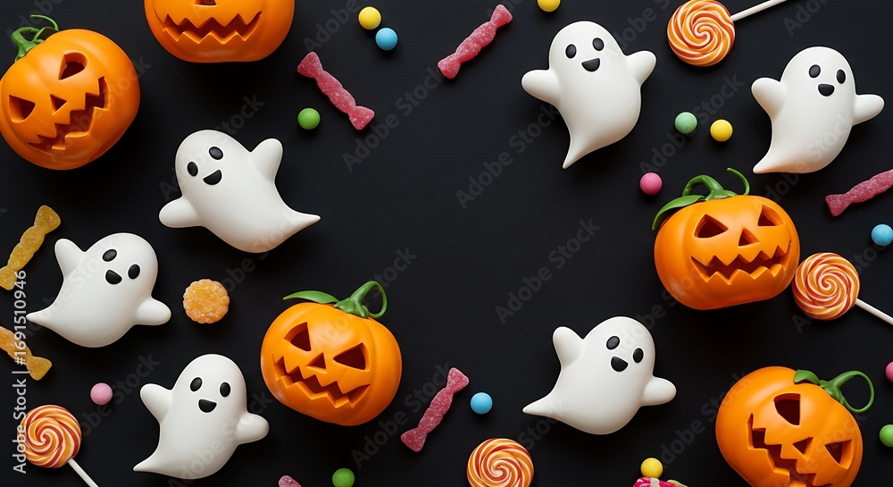 Fototapeta premium Halloween-themed treats featuring ghost and pumpkin shapes with colorful candies on a dark background