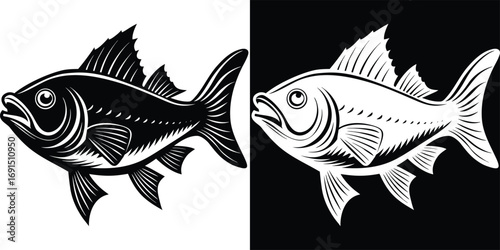 Bold, stylized fish illustration in striking black and white, perfect for logos, branding, and nautical themes