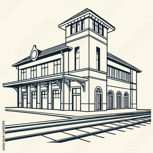 Old-fashioned train station with tracks in the foreground.