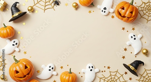 Halloween-themed decorative arrangement with pumpkins, ghosts, and festive ornaments on a beige background
