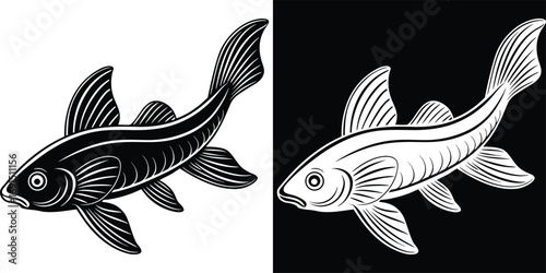 Elegant Koi fish silhouette illustration, perfect for aquatic themes, branding, and decorative designs, offering timeless appeal.