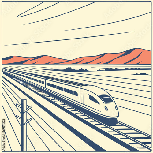 High-speed train on tracks in a minimalist style.