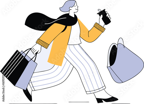 Stylish woman casual attire blazer shopping bags vector illustration scalable eps white background