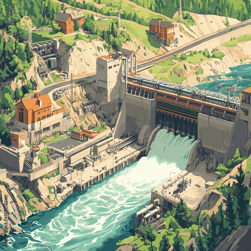 Create a detailed vector illustration of a large-scale bioenergy facility, showcasing biomass processing and energy generation. , vector style simple color