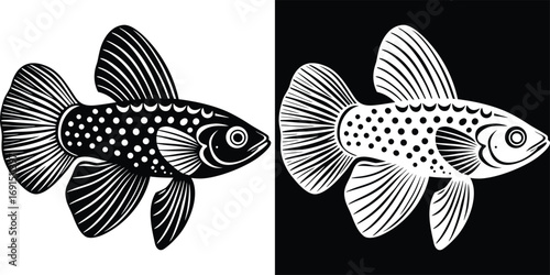 Striking black and white fish illustration perfect for aquatic themes and elegant design projects