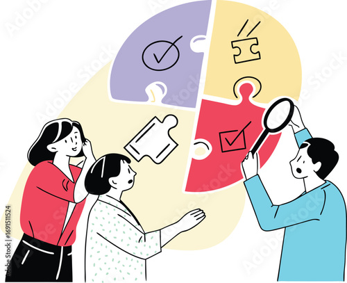 Diverse professionals collaborating on puzzle pieces exploring ideas and solutions vector illustration white background