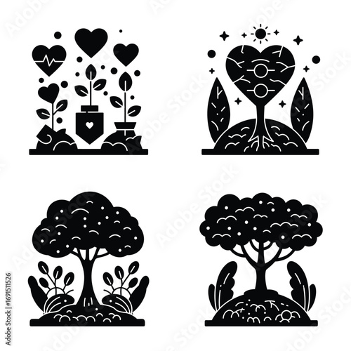 Four distinct black and white silhouette illustrations depicting the growth and symbolism of trees and plants with heart shapes