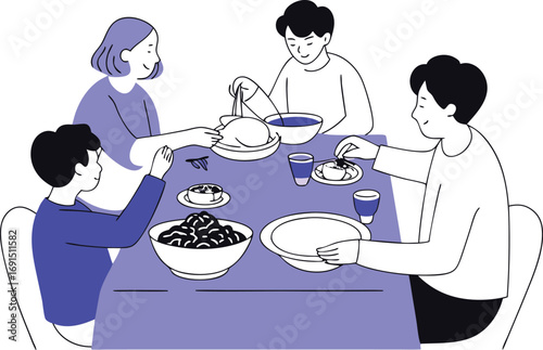 Family enjoying meal together around dining table vector illustration white background