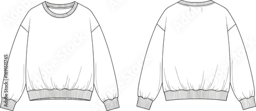 Sweatshirt flat sketch, front and back view, crew neck, ribbed cuffs, fashion design, garment template, apparel illustration, technical drawing