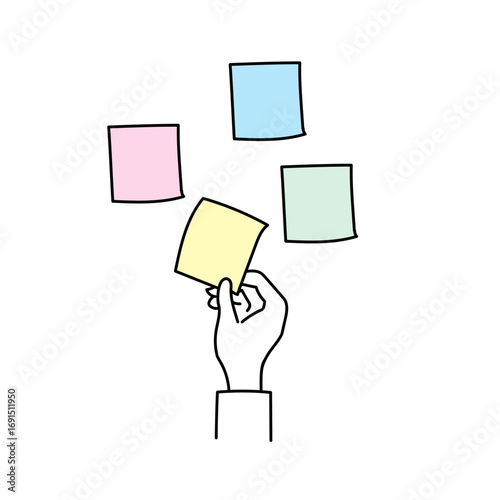付箋を持つ手とカラフルなメモ用紙を描いたイラスト｜アイデア整理やタスク管理、学習やビジネスのシーンに活用できるベクター素材