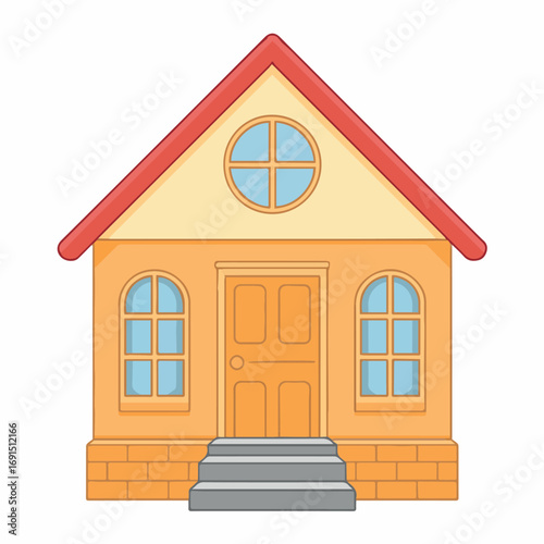 Illustration of a cute cartoon house with red roof, yellow walls, door and windows for kids and children