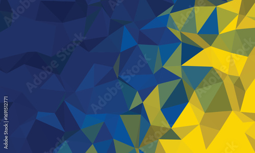 An abstract triangular polygon background shows shades of bright yellow and dark blue color