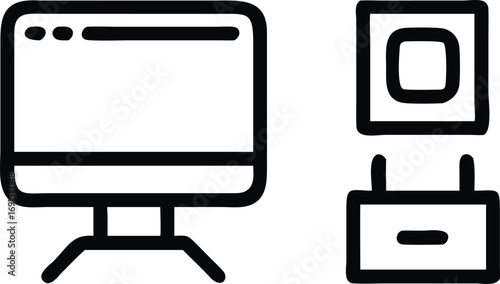 Hand drawn monitor screen icon with cable box outline style