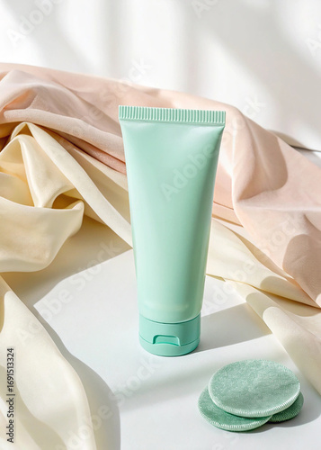 Mint Green Skincare Product Tube on Soft Fabric Background mockup