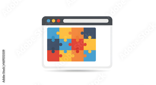 Flat vector illustration of a browser window with a colorful jigsaw puzzle, symbolizing a complete software solution, web extension, or online integration