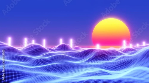 Retro-futuristic landscape with glowing horizon and serene color palette