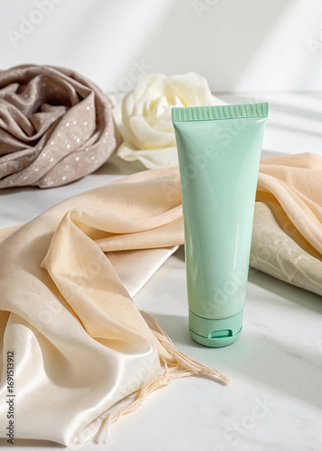 Mint Green Lotion Tube Amidst Soft Fabrics and Flowers mockup
