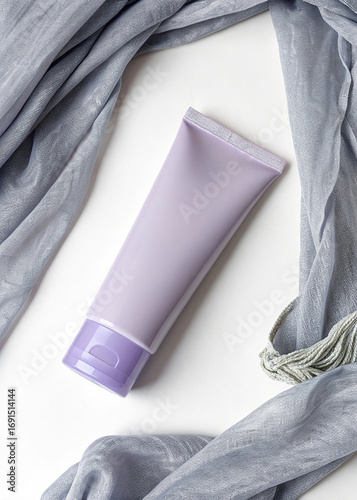Elegant Lavender Tube of Cream on a Gray Fabric Background mockup