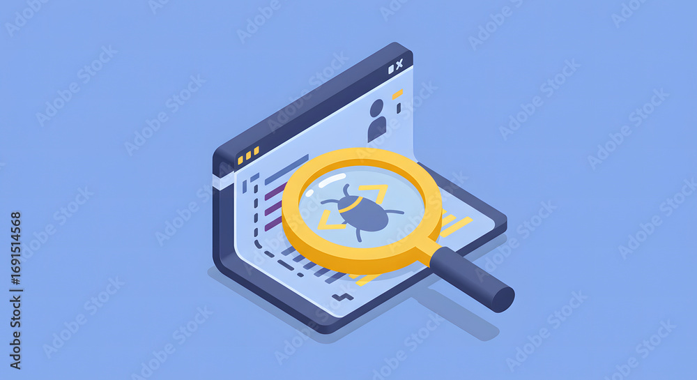 Fototapeta premium Cybersecurity concept of a digital bug detected by a magnifying glass on a computer screen, representing software testing and error detection