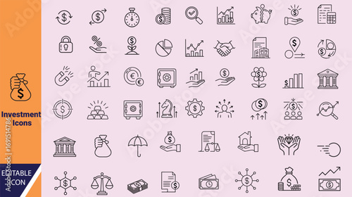 Several minimalist monochrome outline icons relate to finance, banking, and investment are displayed evenly
