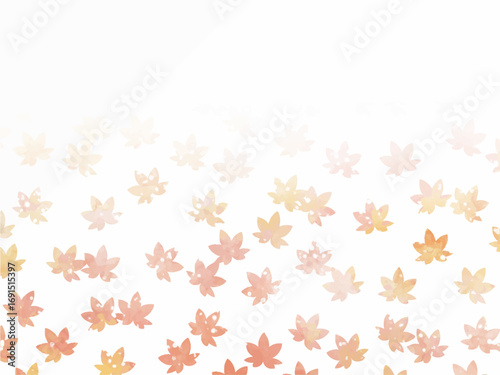 モミジの紅葉イメージの背景素材。水彩風テクスチャー。葉っぱのシルエット。やさしい色調。光の粒子や水滴の輝き。コピースペース