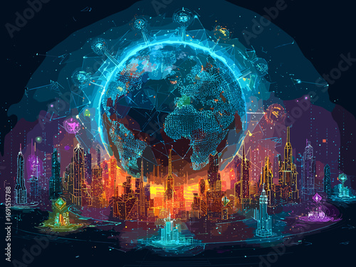 A stunning futuristic digital representation of Earth, surrounded by towering neon-lit skyscrapers and glowing urban structures. The globe is composed of a network of digital grids and intricate data 