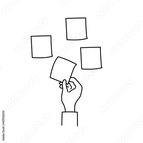 付箋を持つ手と複数のメモ用紙をシンプルな線画で描いたイラスト｜ビジネスや学習におけるアイデア整理やタスク管理を表現したベクター素材