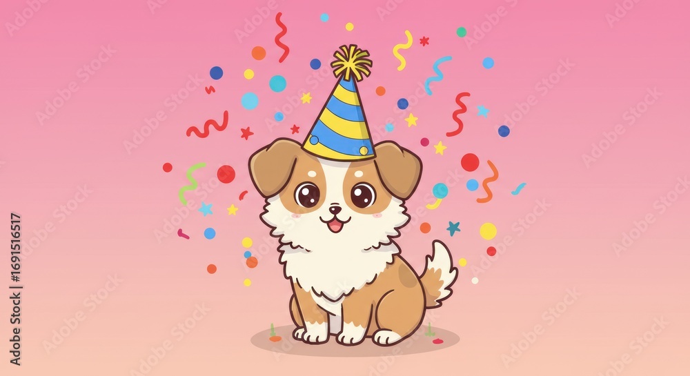 Fototapeta premium Cute kawaii puppy dog wearing a festive party hat for a happy birthday celebration with colorful falling confetti