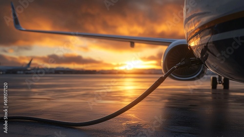 Wide panoramic shot of commercial airplane refueling with sustainable aviation fuel SAF at airport terminal.