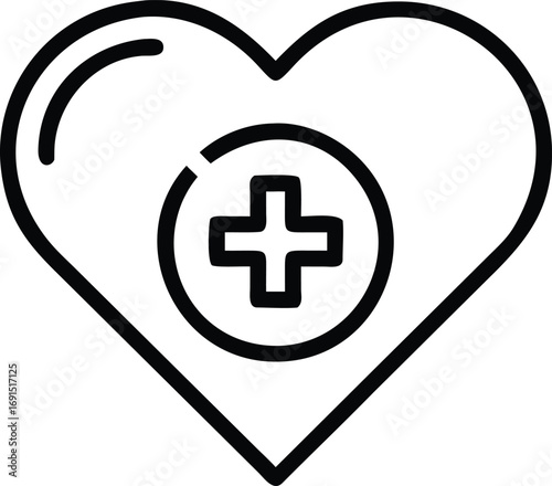 Heart outline icon with plus symbol in the center, simple line art