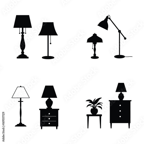 Collection of silhouette illustrations of various table and floor lamps in different styles and settings