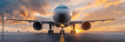 Wide panoramic shot of commercial airplane refueling with sustainable aviation fuel SAF at airport terminal.
