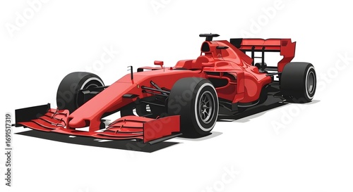 Dynamic red open-wheel racing car on a clean white background, showcasing speed and advanced automotive engineering