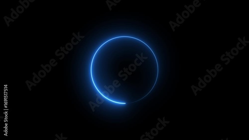 Glowing neon blue circle with smooth futuristic light trail effect on a dark black background, perfect for modern digital designs, technology concepts, user interfaces, and abstract backgrounds.