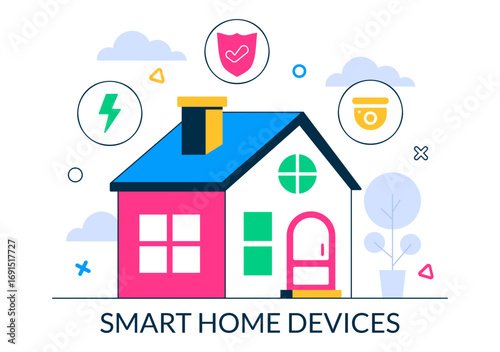 Smart Home Devices Vector Illustration featuring Home Automation Controlled via Smartphone with an Integrated System of Electronics in a Background