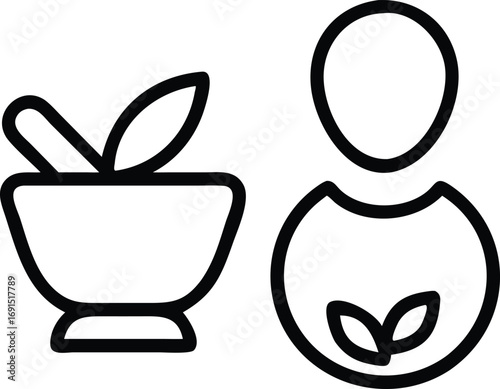 Herbal medicine icon with mortar and pestle and natural leaf design concept