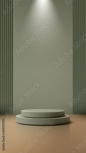 product podium mockup display with modern green background and spotlight reflective surface minimal showroom stage pedestal abstract 3d design for branding and commercial presentation