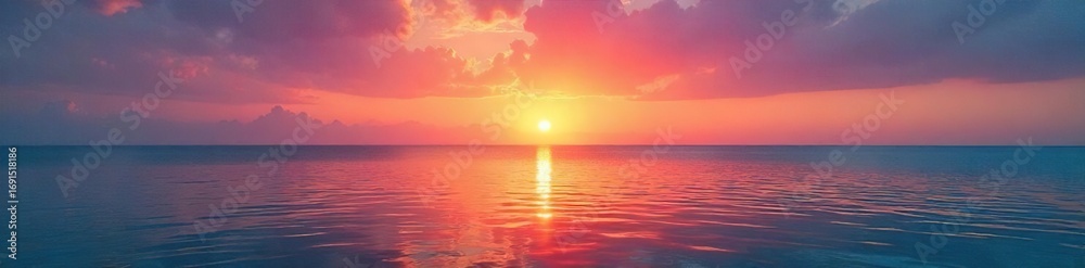 Obraz premium Serene sunset over a calm ocean, reflecting vibrant orange and pink hues on the water's surface Perfect for travel, nature, and relaxation themes , picturesque, sunset, ocean