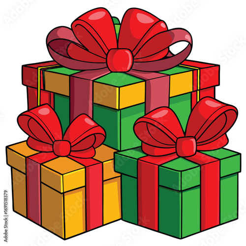 Stacked cartoon presents show wrapped boxes with bright bows, ideal holiday clipart is on white