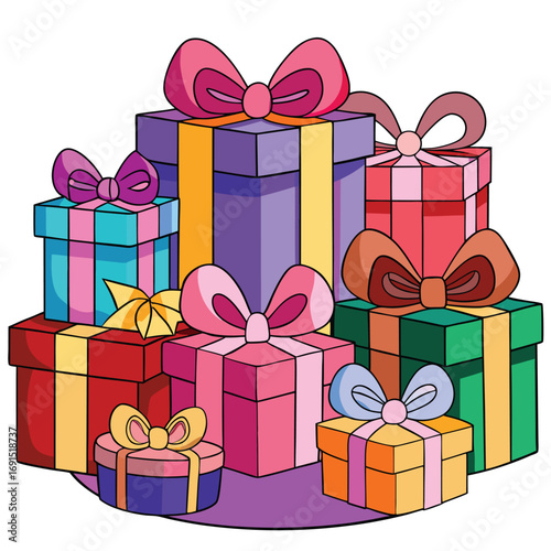 Colorful gift boxes topped with decorative ribbons sit cheerfully together against a transparent backdrop